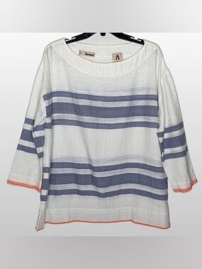 LemLem - Slub Cotton Boatneck White/Blue Striped Top 3/4 sleeves - Large